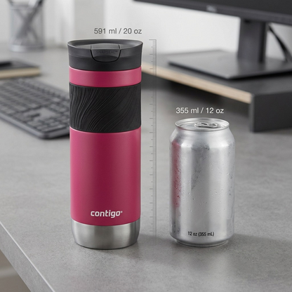 A visualization comparing the height and girth of the 20 oz Contigo Byron 2.0 mug against a standard soda can, highlighting its exact scale and proportions.
