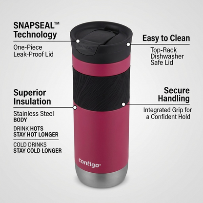 Feature callout graphic of the Byron 2.0 20 oz travel mug showing its key benefits.