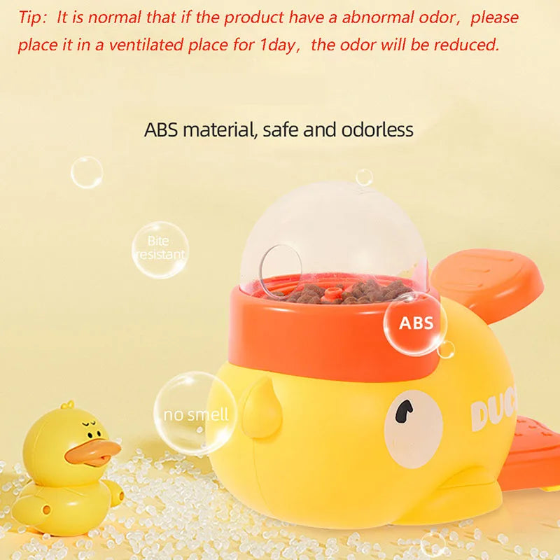 Dog, cat, pet feeder, little yellow duck
